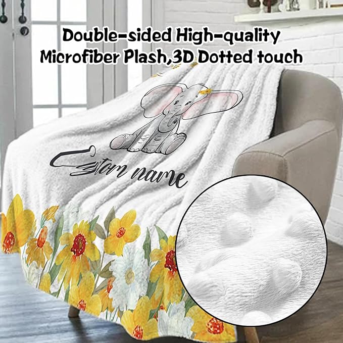 Custom Nursery Crib Bedding Set: 4 Piece Yellow Floral Elephant Design Baby Crib Sets for Girls with Personalized Name - Toddler Double Layer Blanket Set, Comfortable Crib Bed Sheets for Baby Toddlers