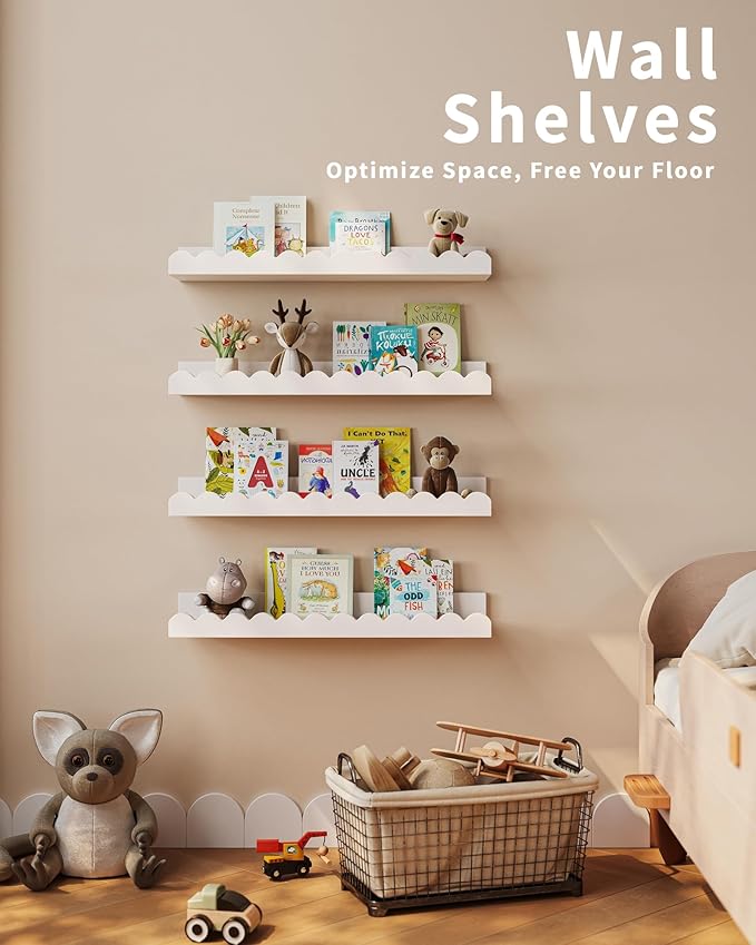 Nursery Book Shelves, 4-Pack White Floating Shelves for Wall Kids, Scalloped Shelves, Wall Book Shelves for Bedroom Kids, Toddler Room, Baby Room, Nursery Decor
