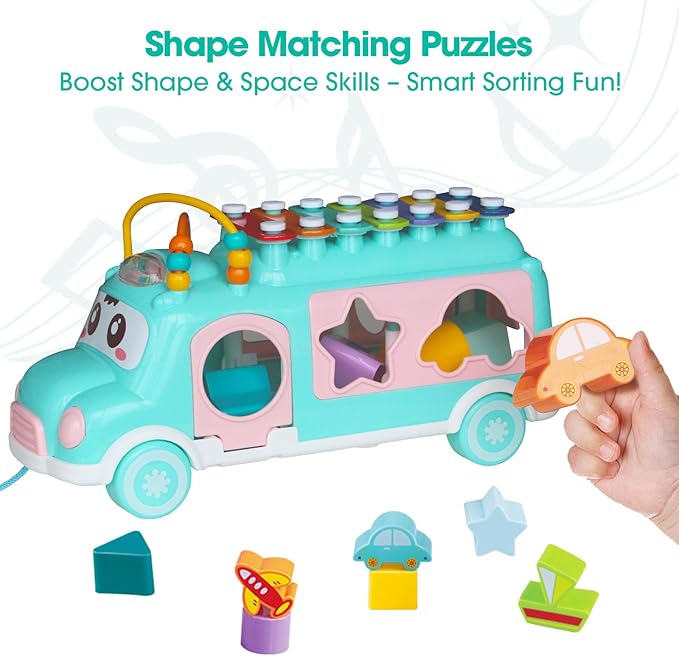 Baby Xylophone for Toddlers 1-3, Bus Shaped Toy Xylophone for Kids with Child Safe Mallet, Shape Sorting Educational Musical Toys and Instruments for Toddlers 1-3