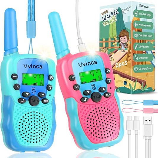 Vvinca Rechargeable Walkie Talkies for Kids, Long Range 22 Channels 2 Way Kids Walkie Talkie with Flashlight for Camping Hiking Indoor Outdoor Toy 3 4 5 6-12 Boy Girl Christmas Birthday Gifts 2 Packs