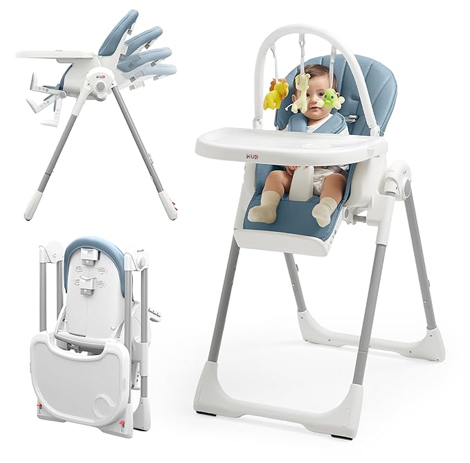 KÜB 3-in-1 Foldable Baby High Chair, 7 Height & 4 Recline Adjustable Seat & Tray for Easy Clean, 2 Locking Wheels, Multifunctional Infant High Chairs for Babies and Toddlers (Blue, with Toys)