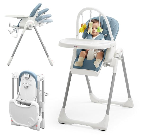KÜB 3-in-1 Foldable Baby High Chair, 7 Height & 4 Recline Adjustable Seat & Tray for Easy Clean, 2 Locking Wheels, Multifunctional Infant High Chairs for Babies and Toddlers (Blue, with Toys)