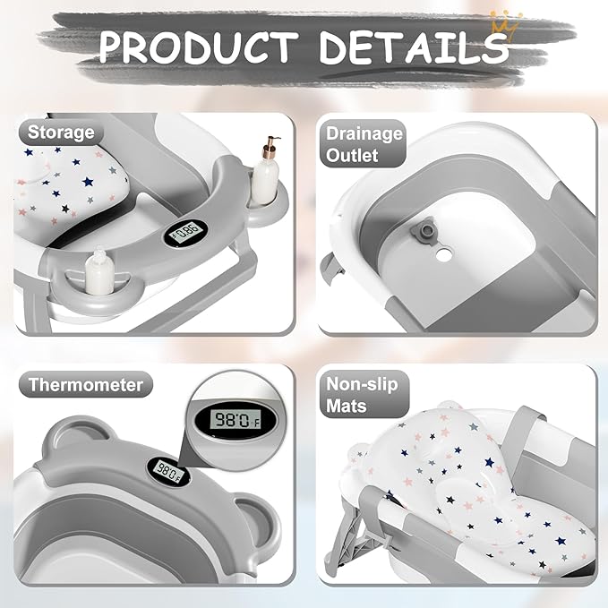 TPN Collapsible Baby Bathtub, Baby Bath Tub with Soft Cushion & Real-Time Thermometer, Baby Bathtub Infant to Toddler Tub (0-36 Months), Portable Newborn Travel Bath tub