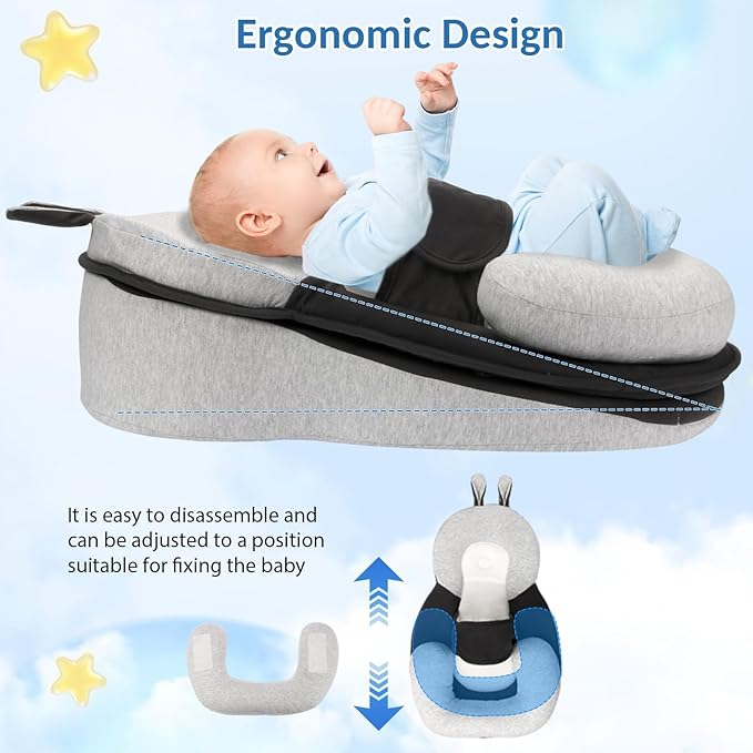 Baby Lounger,Pillow with Safety Straps, Dual-Function Removable Machine-Washable Pad, Lightweight & Portable（Gray）