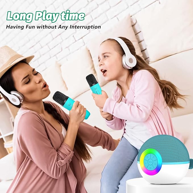 goopow Mini Karaoke Machine Speaker for Kids Adults, Portable Bluetooth Microphone Song Toys with LED Light, Best Chritmas Birthday Festival Gift for 3 4 5 6 7 8+ Year Old Girls Boys (Green-2MIC)