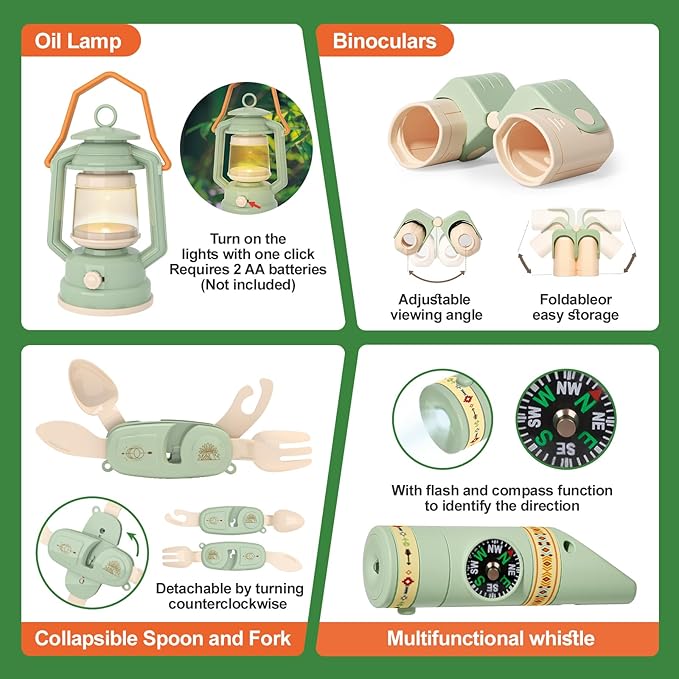 Kids Camping Set – an Indoor/Outdoor Pretend Play Adventure kit Featuring a Tent, Oil lamp, Stove, and More. Perfect for Ages 3+