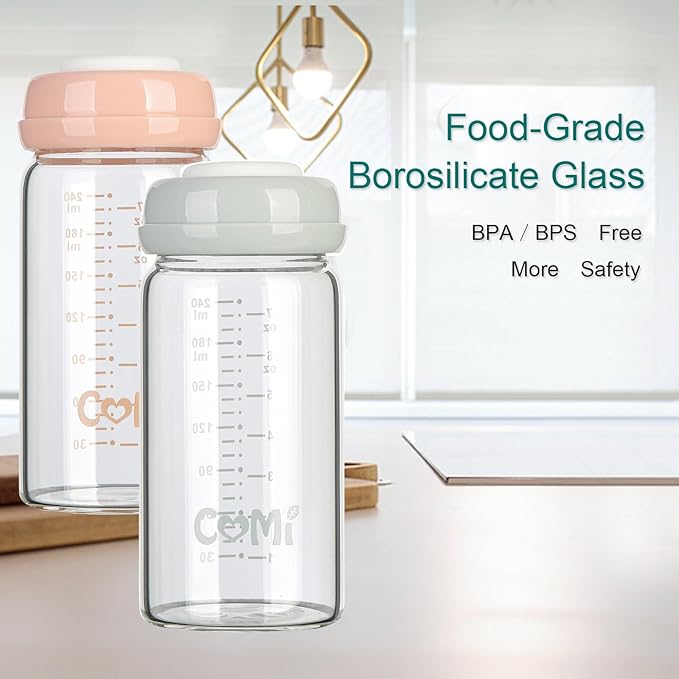 COMI Wide Neck Glass Breastmilk Collection n Storage Bottle, 8oz with Screw Ring Sealing Disk; Re-markable Sealing Disc. BPA Free, Fits Breast Pumps & Nipples (2 Gray Lids)