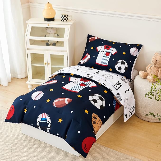 PERFEMET 4 Pieces Sports Toddler Bedding Sets for Boys Reversible Baseball Football Toddler Bed Set with Sheets Soft Fluffy Navy Blue Sport Kids Bed in a Bag for Bedroom(Sport, Toddler)