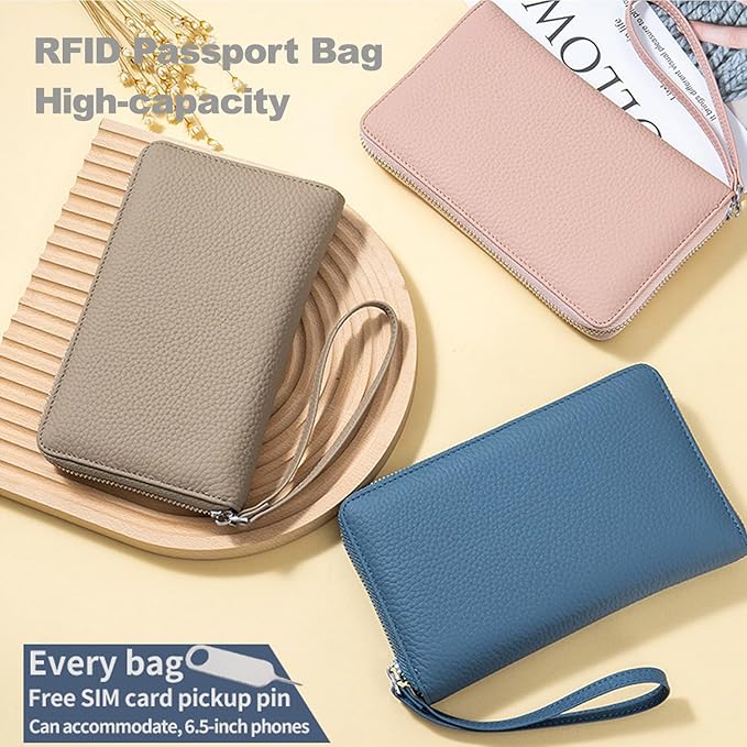 Leather Travel Wallet, Passport Wallet for Travel, Passport Holder for Family with RFID Blocking, with Zippered Pocket and Cash Slot, for Secure Traveling and Documentation Organizer (Eephant Grey)