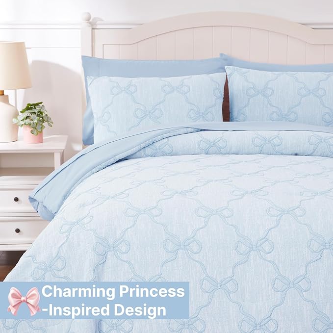 Twin Comforter Set with Sheets for Girls-5 Pieces Twin Bedding Sets with Light Blue Comforter, Sheets, Pillowcase & Sham for Kids (Light Blue Diamond, 66" X 86")