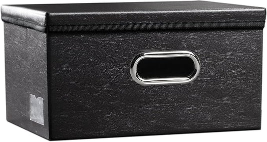 PRANDOM Collapsible Storage Box with Lid [1-Pack] Leather Fabric Foldable Storage Bin Organizer Container Basket Cube with Cover for Home Bedroom Closet Office Nursery Black (13.6x9.6x6.9)