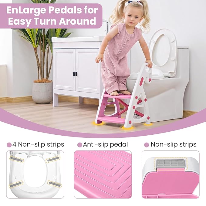 Primlect Potty Training Seat, 2-in-1 Toddler Toilet Seat with Step Stool, Ultra-Stable Potty Chair Attachment, Adjustable Seat and Step Ladder, Non-Slip Design, Splash Guard for Boys and Girls(Pink)