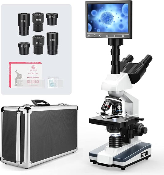 [Research-Grade] Vabiooth Lab Compound Trinocular Microscopes 40X-2500X Magnification with 7" LCD Screen 5MP E-Eyepiece, Two-Layer Mechanical Stage for Animal Husbandry, Pet Hospitals, Lab, Farms