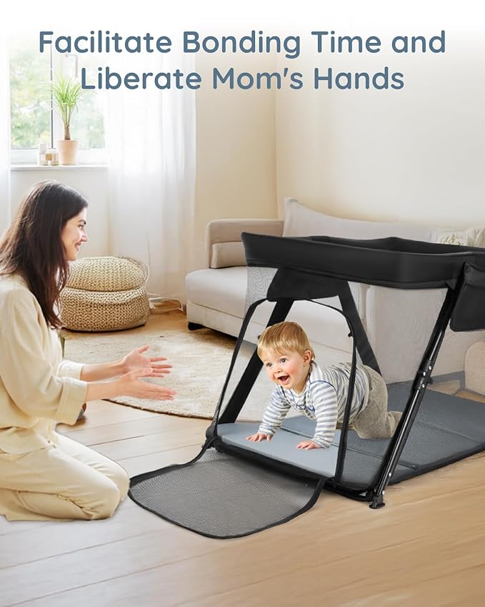 Lilian&Gema 2-in-1 Travel Crib, Portable Crib with Backpack, Lightweight Baby Travel Playpen, Foldable Play Yard with Thick Mattress for Babies & Toddlers, Baby Travel Essential