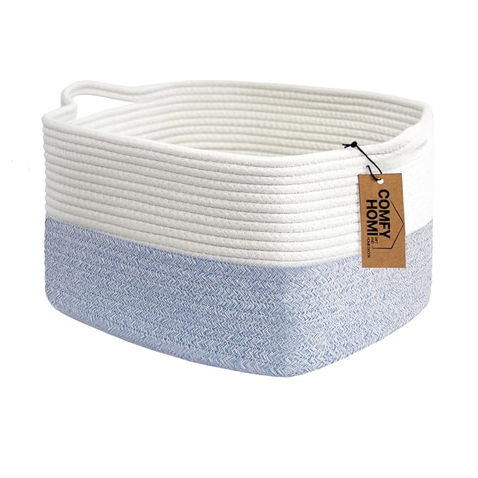 COMFY-HOMI Cotton Rope Woven Basket with Handles for shelf，Toy, Book, Cloth Storage Basket for Organizing-13.5"X11"X9.5" Storage Bin for Living Room, Newborn or Infant Gift for boy girl （White/blue）