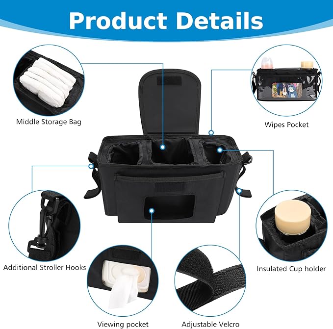 Accmor Universal Stroller Organizer with Insulated Cup Holder and Shoulder Strap, Stroller Caddy Bag Stroller Cup Holder Attachment for Uppababy, Baby Jogger, Britax Strollers, Black