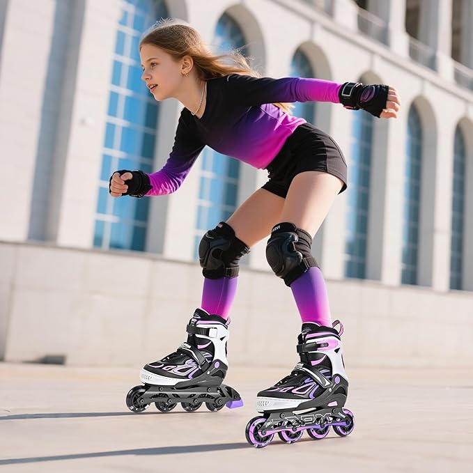 2PM SPORTS Vinal Girls Adjustable Flashing Inline Skates, All Wheels Light Up, Fun Illuminating Skates for Kids Men Adult Women and Boys
