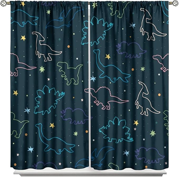 Cartoon Colorful Dinosaur Curtains for Kids Boys Girls Home Decor, Astronaut Funny Outer Space Star Blackout Rod Pocket Window Drapes for Bedroom Living Room W31.5xL72in 2 Panels