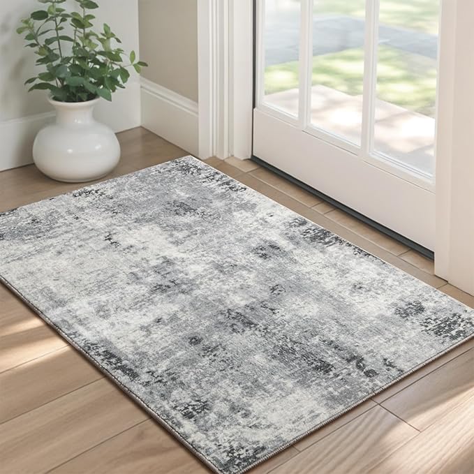 Entryway Rug 2x3 Grey Rug, Washable Abstract Small Rugs Non-Slip Low Pile Throw Rugs for Kitchen Floor, Front Door, Bedroom Bedside