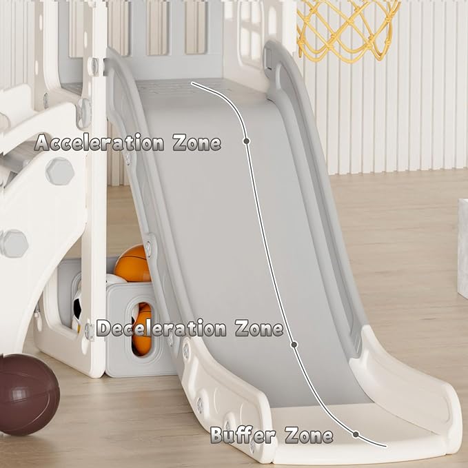 YUFU 5 in 1 Toddler Slide, Kids Slide with Climber, Basketball Hoop and Ball, Outdoor Indoor Playset for Toddlers Age 1-3 (Beige+Gray)