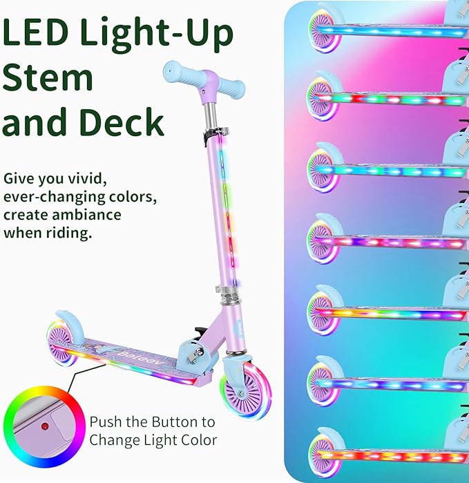BELEEV V2 Scooters for Kids with Light-Up Wheels & Stem & Deck, 2 Wheel Folding Scooter for Girls Boys, 3 Adjustable Height, Non-Slip Pattern Deck, Lightweight Kick Scooter for Children Ages 3-12
