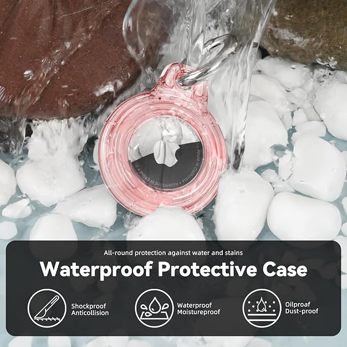 Upgrade Waterproof 2 Pack Airtags Holder with Apple Airtags Keychain, Hard PC Air Tag Case, Anti-Scratch & Shock Air tag Holder, Men's Women's Keyrings & Keychains-Clear Black+ Clear Pink