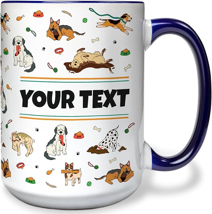 Personalized Mug for Kids - Dogs - Custom Name/Text, Ceramic Hot Chocolate/Cocoa/Coffee Cup for Boys/Girls, Birthday/Christmas/Holiday Gift - 15 oz, Navy Blue Handle