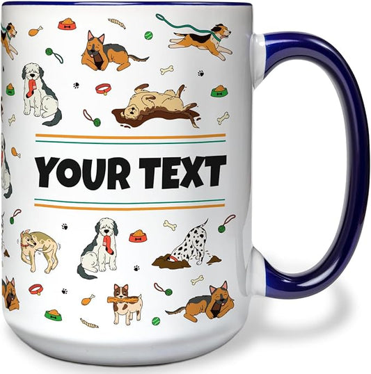 Personalized Mug for Kids - Dogs - Custom Name/Text, Ceramic Hot Chocolate/Cocoa/Coffee Cup for Boys/Girls, Birthday/Christmas/Holiday Gift - 15 oz, Navy Blue Handle