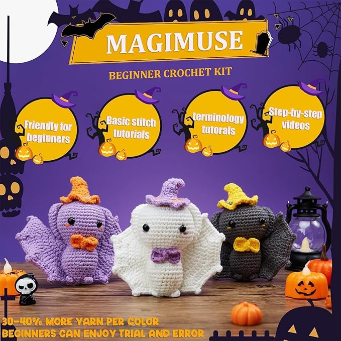 MAGIMUSE Crochet Kit for Beginners, Crochet Starter Kits Halloween Amigurumi Knitting Crochet Animals Kits Hooks Yarn Set with Step-by-Step Video Tutorials, 3 Colorful Bats (40%+ Yarn)…