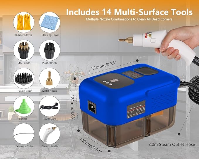 Handheld Steam Cleaner for Home, 2500W High Pressure Steamer for Cleaning, 9-Level Multipurpose Steam Cleaner for Car Floor Upholstery Kitchen Bathroom Grout Tile, 14 Accessories Included, Blue