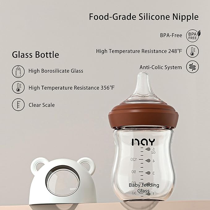 Natural Glass Baby Bottle for Breastfeeding Babies, 5.4oz Anti-Colic Baby Bottle with Natural Response Nipple(S), Clear, Wide Neck, 4 Pack, 1 Months+