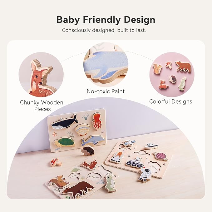 IEATFO 3 Packs Space Ocean Forest Wooden Chunky Puzzles for Toddlers, Wood Puzzle for Kids, Insert Puzzles Each Piece Fits Perfectly, Sturdy and Pegless, Educational Toys