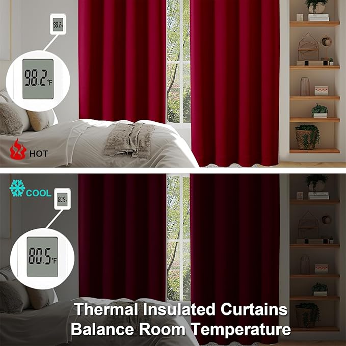 Simplebrand Ava Red Blackout Curtains for Bedroom 63 Inch Length 2 Panels Set, Nursery Thermal Insulated Energy Saving Rod Pocket Window Treatment Curtains Blackout Drapes, W40 x L63 Inch, Red