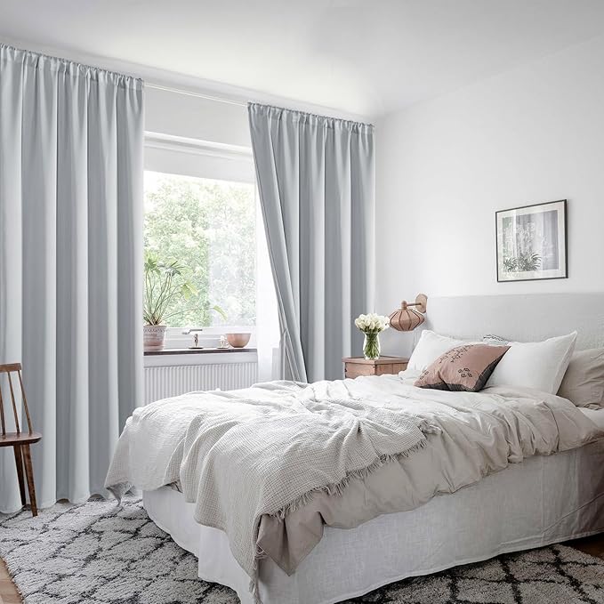 XWZO 100% Blackout Window Curtains - Rod Pocket Thermal Insulated & Completely Room Darkening Black Liner Window Panels with Tiebacks for Bedroom/Living Room, Light Grey, W42 x L54, Set of 2