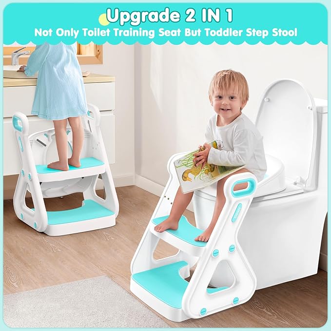 Gimars Upgrade Ultra-Stable 2 In 1 Multifunctional Toddler Potty Seat For Toilet with Setp Stool, Potty Traning Toilet For Boys Girls With Widened Ladder,Comfortable Safe Potty Seat With Handrail,Aqua