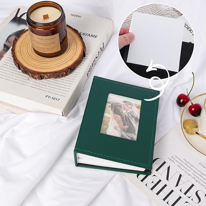 RECUTMS Small Photo Album 4x6 Photos - 52 Photos Small Mini Capacity Premium Leather Cover with Front Window, Mini Book Photo Books for Weddings Family (Dark Green)