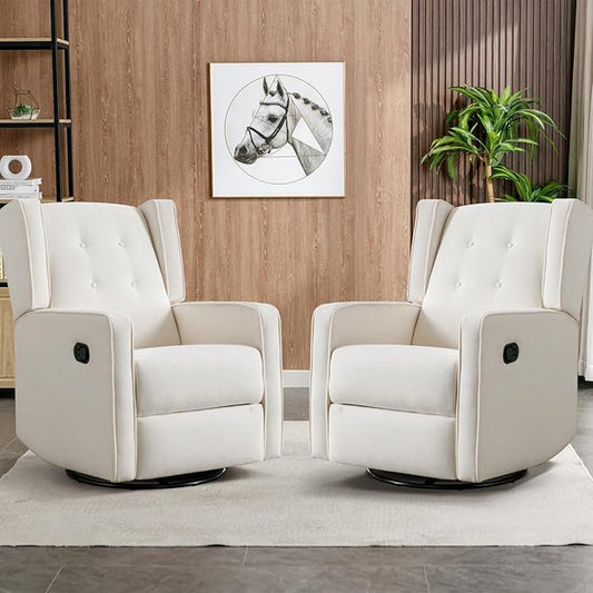 Swivel Rocker Recliner Chair Set of 2, Nursery Glider Chair, Nursery Rocking Chairs, Manual Reclining Chair, White