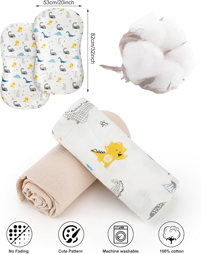 Muslin Baby Lounger Cover for Snuggle Me Organic Lounger/Baby Lounger/Organic Cotton Handmade Cover for Infant/Toddler Lounger/Nursing Pillow(White with Dinosaur, Wheat)