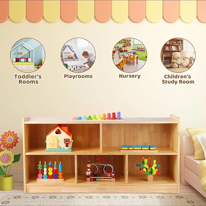 Montessori Shelf, 47-1/4" L Toy Shelf, Toy Storage Organizer with 2-Layer Bookshelf, 5-Section Wooden Storage Cabinet, Bookshelf for Kids Rooms, Playroom, School, Nursery