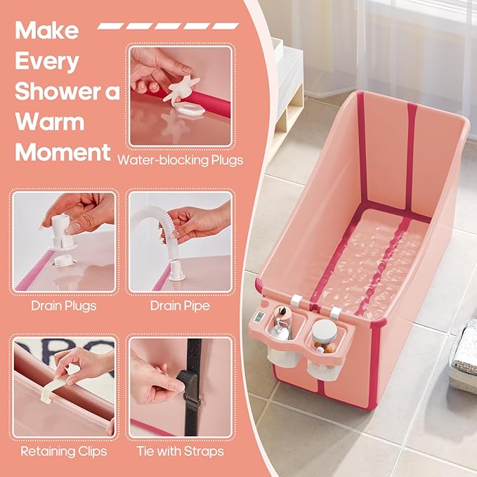 Collapsible Baby Bathtub Foldable Bathtub for Toddler Portable Large Foldable Bath Tub Bathtub for Kids Petite with Thermometer and Storage Basket (Pink)