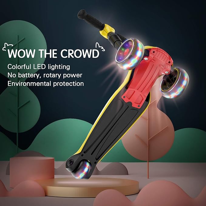 LOL-FUN Toddler Scooter for Kids Ages 3-12 Years Old Boy Girl with 3 Wheel LED Lights, Extra-Wide Childrens Foldable Kick Scooter Kids Ages 3-5 with 4 Adjustable Height and Lean-to-Steer