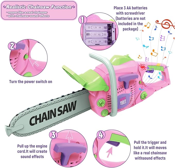 Kids Construction Tool Set for 3 4 5 6 7 Year Old Boys Girl,Pink Preschool Pretend Play Tool,Pretend Play Tools Set Toddler Toys,with Electric Drill Chainsaw、Electric Drill,Toy Tools Gifts for Kids