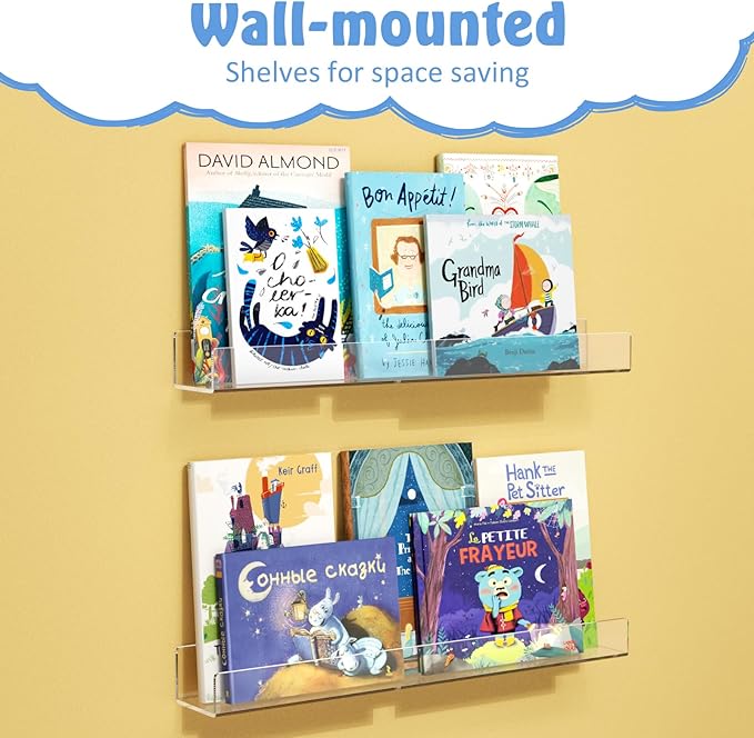 NIUBEE 24-Inch Acrylic Kids Floating Bookshelves, 2-Pack, Wall Mounted Clear Shelves for Kids' Growing Book Collections in Nurseries/Bedroom/Playrooms