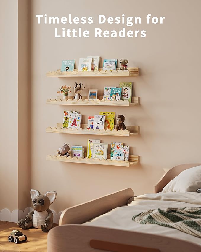 Nursery Book Shelves, 4-Pack Wood Floating Shelves for Wall Kids, Scalloped Shelves, Wall Book Shelves for Bedroom Kids, Toddler Room, Baby Room, Nursery Decor (Wood, 23 Inches)