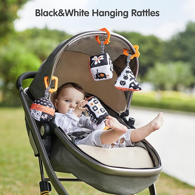 TUMAMA High Contrast Shapes Sets Baby Toys, Black and White Stroller Toy for Car Seat Baby Plush Rattles Rings Hanging Toy for 0 3 6 9 to 12 Months, Newborn,Toddlers,Infants (4 Packs)