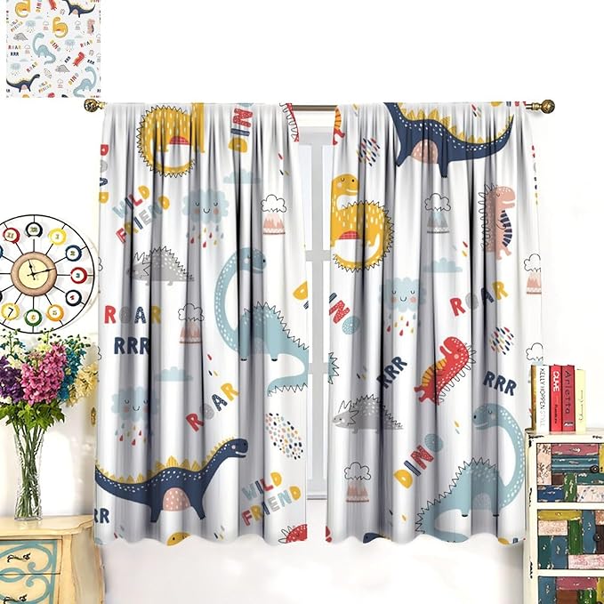 Cartoon Dinosaur Curtains for Kids Boys Girls Home Decor Colorful Cute Dino Animals Print Pattern Rod Pocket Blackout Window Drapes for Nursery Baby Bedroom Playroom W36xL63in 2 Panels
