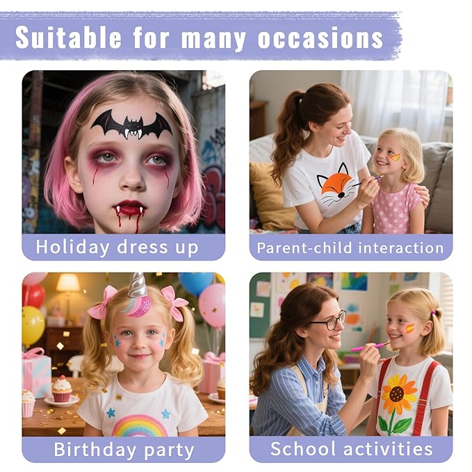 Face Painting Kit, 54 Colors Water Activated Face Paint Palette with Stencils, Brushes, Gems for Halloween Makeup, Parties, Carnival, School Event & Festivals