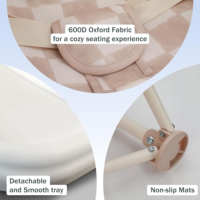 Tiny Marvels Portable 3-in-1 Baby Booster Seat, Cozy Floor Seat, Feeding Seat with Tray, Compact Foldable Toddler Booster with Child Safety Belt Carry Bag, Perfect for Travel (Sand Checker)