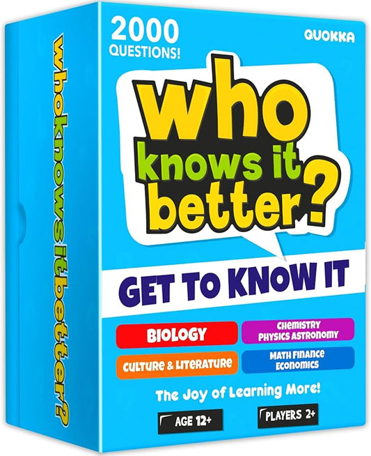Board Games for Kids 8-12 and Family - Set of 4 Who Knows It Better? - 2000+ Questions Across Biology, Culture, STEM and Math - Educational Trivia Cards for Learning and Game Night