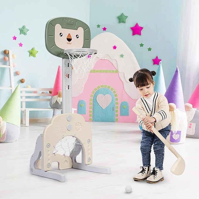 Costzon Kids Basketball Hoop, Toddler Sports Activity Center w/ 5 Adjustable Height Levels, Basketball Soccer Golf Game Set, Indoor Outdoor Basketball Hoop Set Gift for Baby Infant